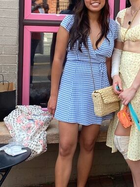 Reformation Blue Gingham Wrap Mini Dress